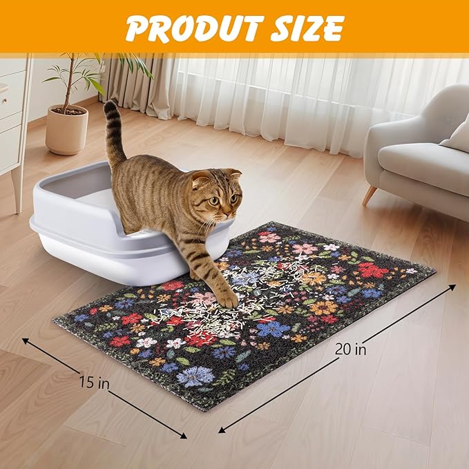 ondware Cat Litter Mat, 20x15 in Litters Box Mat Waterproof Non-Slip Easy to Clean Washable Trapping Mat for Kitty(Black Leaves)