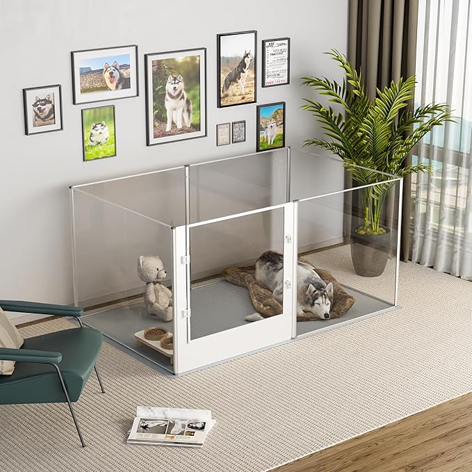 BingoPaw Clear Dog Playpen Fence: 64"x43" Extra Tall Transparent Pet Acrylic Playpen Expandable with Bottom and Door for Dogs Bunny