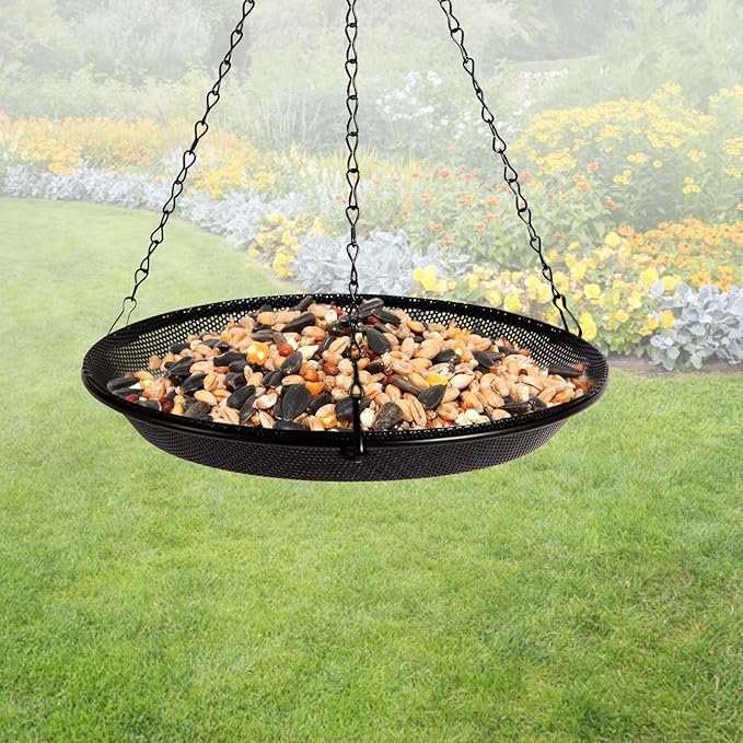HRAYLTOP Hanging Bird Feeder Bowl with 16.3 inch Iron Hanging Chain Detachable Outdoor Decor for Garden Backyard Patio and Deck - Perfect for Attracting Birds