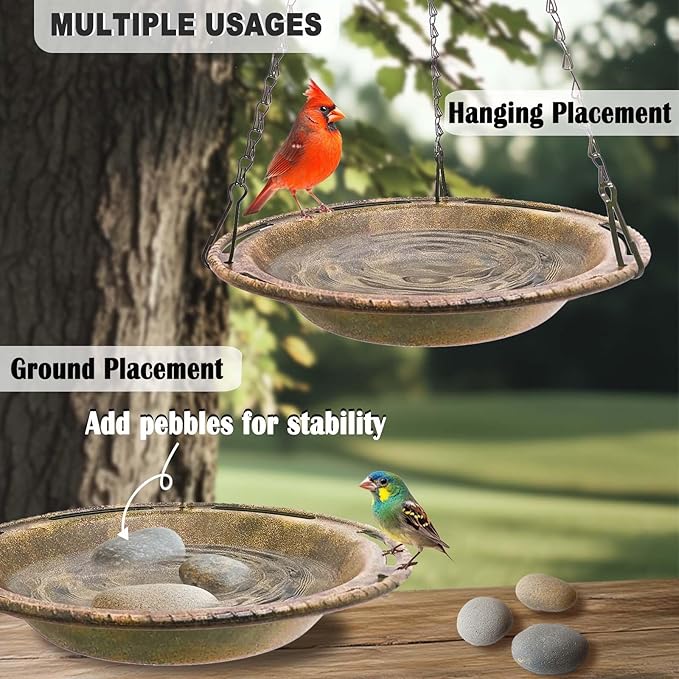 Hanging Bird Bath & Feeder Bowl, 12 in Outdoor Bird Bath with Chains, Durable Weather-Resistant PP, Antique Copper Finish, Backyard Garden Decor