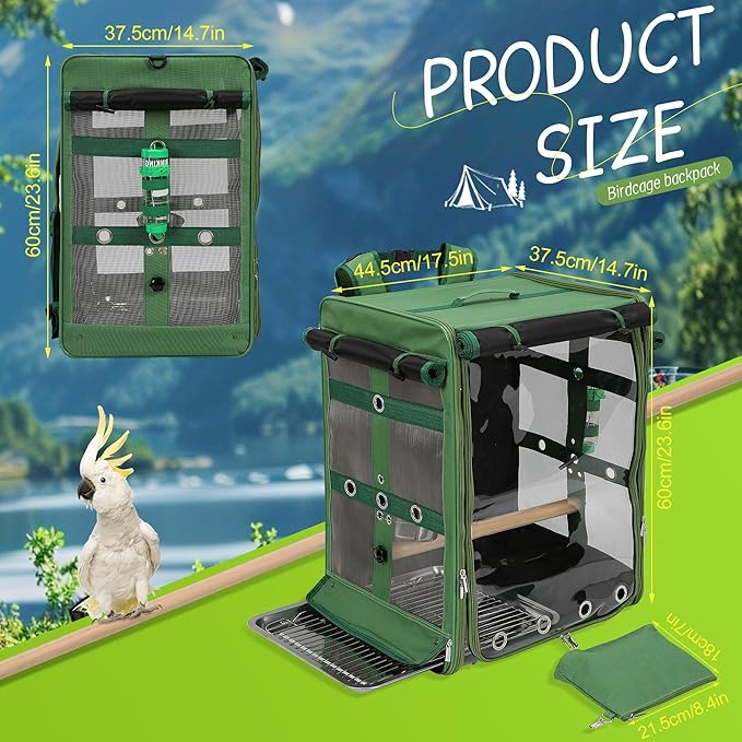Bird Carrier Travel Cage, Cockatoo Carrier, Parrot Travel Backpack with Unbreakable Stainless Steel Mesh, Perch, Water Bottle and Food Bowl, X-Large Green