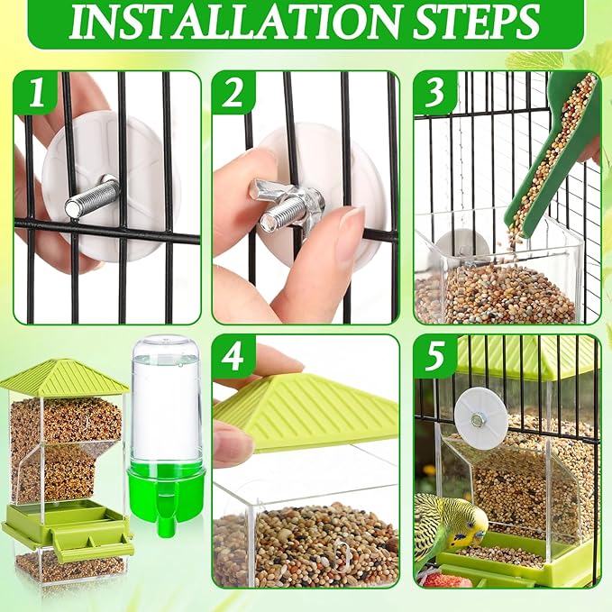 Novabright 7 Pcs No Mess Bird Feeder Water Dispenser Set Include Automatic Parakeet Feeder and Drinker with Bird Paw Grinding Stick Cage Accessories for Small Medium Cockatiel Lovebird(Cute,Green)