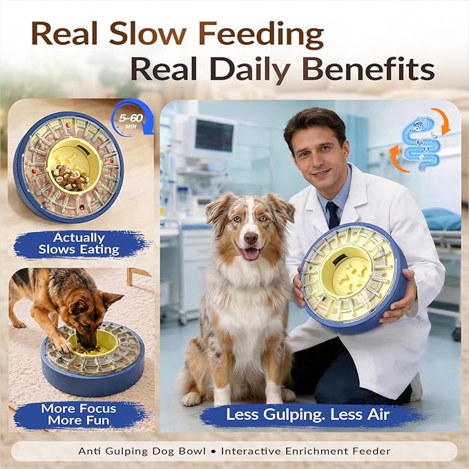 KADTC 5-60 Min Adjustable Slow Feeder Bowl for Fast Eaters, Spinning Dog Puzzle Feeder, Anti-Gulping Interactive Food Dispenser, 4-Cup Capacity, Mental Enrichment Treat Toy
