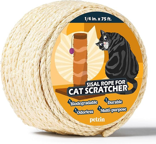 Pelzin Natural Sisal Rope for Cat Scratcher 1/4 Inch by 75 Feet, Cat Tree Rope Twine for Cat Scratching Post Replacement, Cat Tower with Scratch Post Repairing, Replace, Recovering and DIY, White