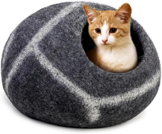 Woolygon Premium Felt Cat Cave Bed – Wool Kitty Beds Handcrafted Kitten Caves Bed for Indoor Cats - Made from Merino Wool, Foldable Cat Hideaway Covered Cat House Pod (Hide & Seek)