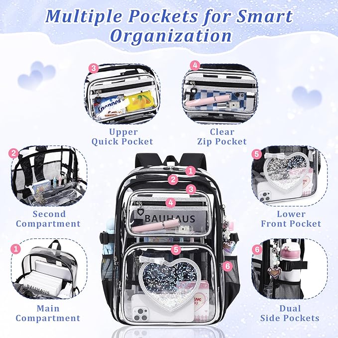 Clear Backpack for School Girls, Cute Heavy Duty PVC Transparent Bookbag, See-Through Bag for Stadium Event Black