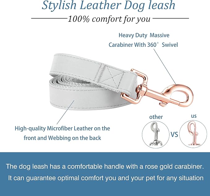Dog Collar and Leash Set.Soft and Easy to Clean Vegan Leather with Rose Gold Metal Buckle for Small Medium Large Dogs (Grey, M(13.8"-19.7"))