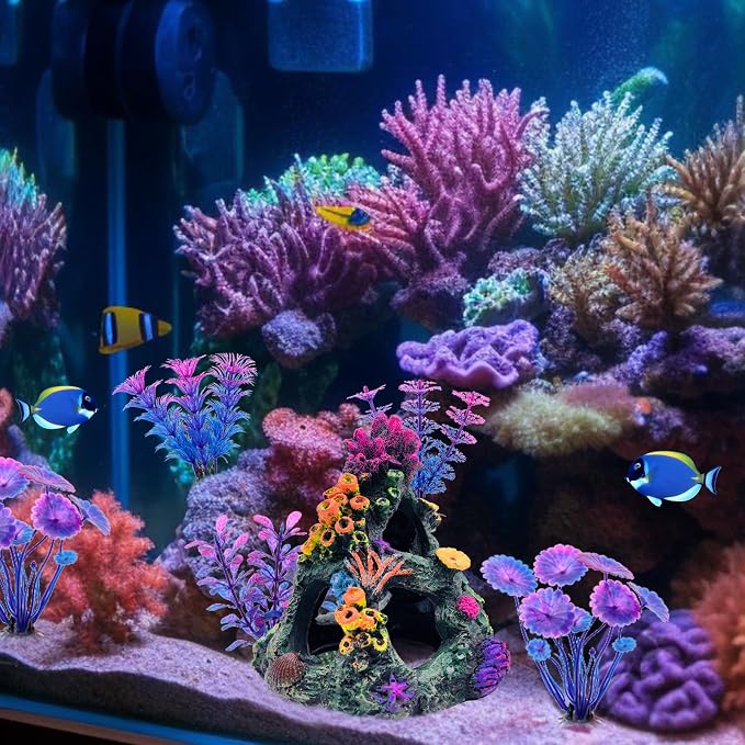 GSD Aquarium Colorful Coral Reef Set Fish Tank Decoration Mountain Ornament for Aquarium Environments Decor Accessories, Coral Mountain x 1, Aquatic Plant x 4 (Pack of 2)