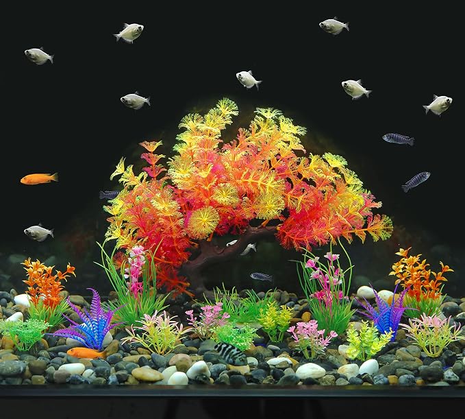 MyLifeUNIT Fish Tank Decorations, 15 Pack Artificial Aquarium Plants Tree Set for Fish Tank Decor (Pink Set)