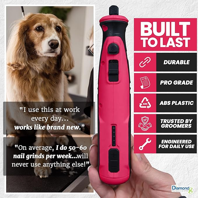 Diamondg Cordless Dog Nail Grinder with Quiet Sound & LED Tip for Large & Small Dogs, 4hrs. Runtime - Electric Dog Nail Trimmer, Heavy Duty Rotary Tool Alternative to Toenail Clippers & Filers