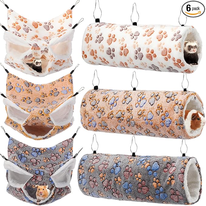 Sweetude 6 Pcs Rat Hammock Set Ferret Hanging Tunnel 3 Tier Guinea Pig Hammocks Hideout Soft Chinchilla Bed for Cage Accessories Hide,Play and Sleep(Cute,Paw)