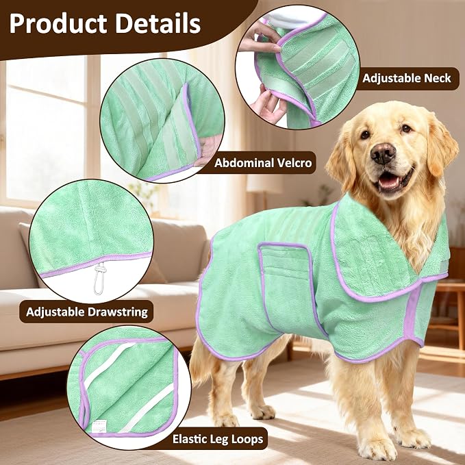 Soft Dog Bathrobe Fast Drying Dog Coat, Super Absorbent Dog Towels for After Bath, Microfiber Pet Robe Adjustable Collar & Belly Warm Keeping Dogs Coat for Pet Dogs & Cats (Green, 3X-Large)