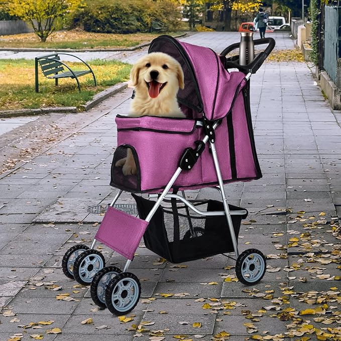 BestPet Pet Stroller Dog Cat Jogger Stroller for Medium Small Dogs Cats Folding Lightweight Travel Stroller with Cup Holder (Purple, 4 Wheels)