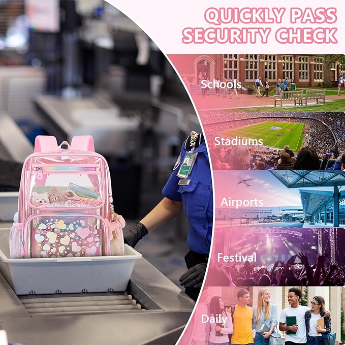 MOONBABY Clear Backpack for School Girls, Heavy Duty TPU Transparent Backpack Stadium Events Approved, Clear Bookbag