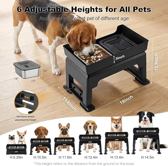 ZOMISIA 3-in-1 Raised Dog Bowl - 6 Height Adjustable Elevated Dog Bowls, Double Deck Design Mess Proof, Feeding Station with 2L No Spill Stainless Steel Bowls & Licking Plate for Medium Large Pets