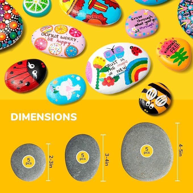 15pcs Rocks for Painting, 5pcs of Each 2-3in, 3-4in, 4-5in, Flat & Smooth River Rocks for Arts & DIY, Kindness Painting Stones for Kids, Garden Deco
