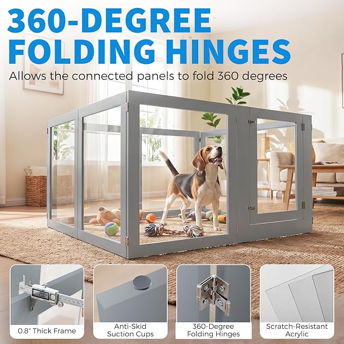 Heavy Duty Clear Acrylic Dog Playpen for Small/Medium Pets – 32" High Clear Pet Pen with Sturdy Metal Frame, Walk-in Kennel, Expandable Indoor & Outdoor Pet Play Yard
