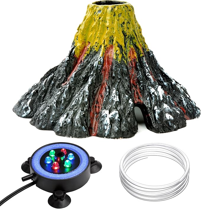 NICREW Aquarium Volcano Ornament Kit, Bubbler Decorations for Fish Tank, Aquarium Bubbling with Multi-Color LEDs | Volcano Decoration, Color-Changing LEDs, Bubble Eruption Effect, Complete Kit with Tubing & Power Adapter