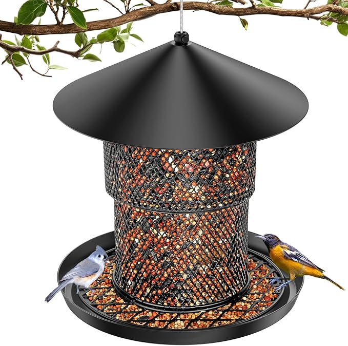 Bird Feeder for Outdoor Hanging, No Mess No Spill - Birdfeeder for Outdoor, Squirrel Proof Bird Feeder w/Catch Tray - Large Capacity All-Metal for Outside Hanging