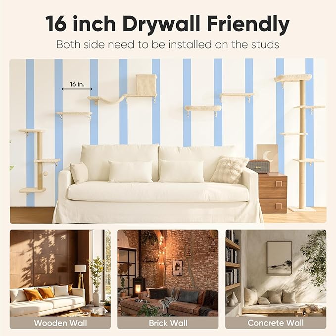 FUKUMARU Cat Wall Shelves, Stable & Safe 5 in 1 Cat Walls Furniture Set, Wooden Kitten Climbing Wall with Scratching Post for 16 Inch Drywall - Beige
