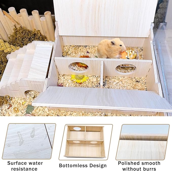 Wooden Hamster Hideout Tunnel Multi-Chamber House Hiding Hut Maze Platform Habitats Exploring Toys for Gerbil Rat Mice