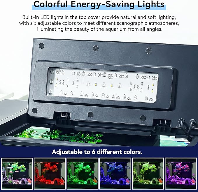 17.6x9.7x11.3 in Fish Tank Kit Complete with Real-Time Temp Display, 3-Speed Water Pump, Smart Storage, Flexible Filter & 6 Color Lights Ideal Aquarium for Betta Fish & Goldfish