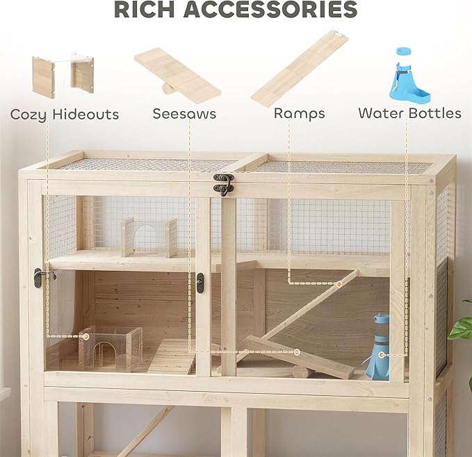 PawHut Wooden Hamster Cage, 4 Tier Small Animal Cage with Mesh Flip Roof, Pull-Out Tray, Huts, Seesaws, Ramps and Water Bottles, Hamster Habitat for Dwarf Syrian Mice Gerbil, 33" x 21" x 36"