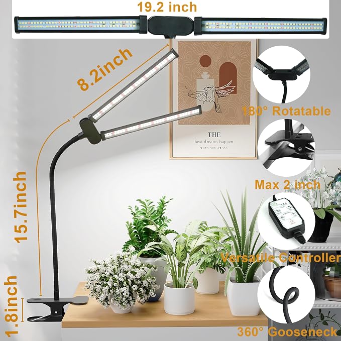 LED Grow Light, 6000K White Full Spectrum Clip Plant Growing Lamp | with Rotatable Dual Head for Indoor Desk Plants,Dimmable & Timer 4/8/12H,High Power Output for Faster Growth,1-Head