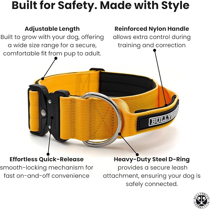 Heavy Duty Dog Collar, Tactical Dog Collar, Dog Collar for Large Dogs, Waterproof Dog Collar, Dog Training Collar, Quick-Release Metal Buckle, Adjustable Sizes – BULLYBREED (Yellow, Large)