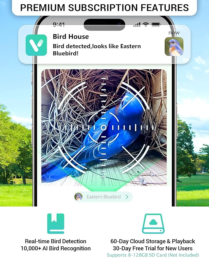 Bird House with Camera 2K HD, Solar & Battery Powered, Dual Night Vision, PIR Motion Sensor, Two-Way Audio, WiFi App Control, Weatherproof Wooden Smart Bluebird Nest Box for Outdoor Use, Gray