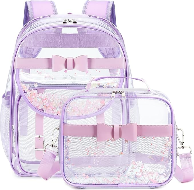 Clear Backpack for Girls and Boys 2PCS Heavy Duty Bookbag Stadium Approved Daypack Transparent School Bag See Through Backpacks for Kids Elementary,Students,College,Teens,Concert,Sports Purple set