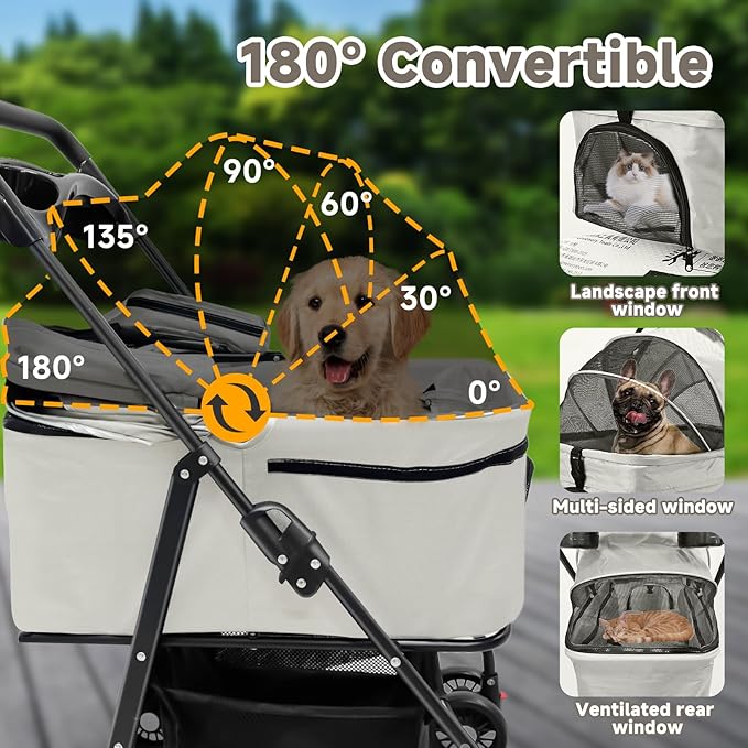 Pet Stroller for Small Dogs and Cats with 4 Wheels, 3 in 1 Foldable Dog Stroller with Detachable Carrier, Breathable Mesh, Storage Basket & Cup Holder, Up to 33 lbs