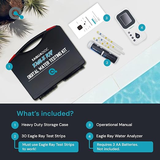 AquaDoc Eagle Ray Digital Water Test Kit for Pool & Spa with 30 Test Strips | Includes a Digital Water Tester and Hot Tub Test Strips for pH, Chlorine, Bromine, Alkalinity, Hardness And Cyanuric Acid