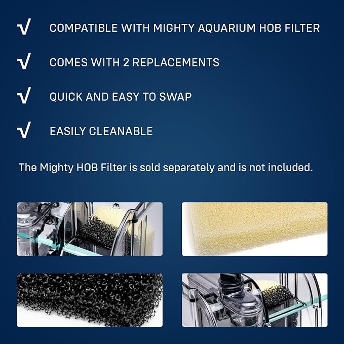 Mighty Aquarium Filter HOB Replacement Media - Replacement for Fish Tank Filters, Hang-on-Back Small Aquarium Filter, Replacement Filter Cartridge - XS MG02 Replacement Sponge, 2-Pack