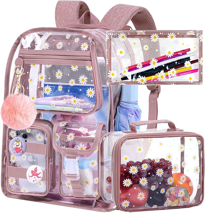 CCJPX 3Pcs Clear Backpack for Girls, School Transparent Bookbag, Heavy Duty See Through Backpacks for Teens Elementary