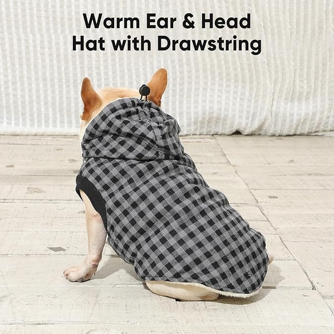 Vecomfy Fleece Lining Dog Hoodie for Medium Dogs Extra Warm Plaid Sweater with Drawstring Hooded Coats in Winter Doggie Jacket,Black XL
