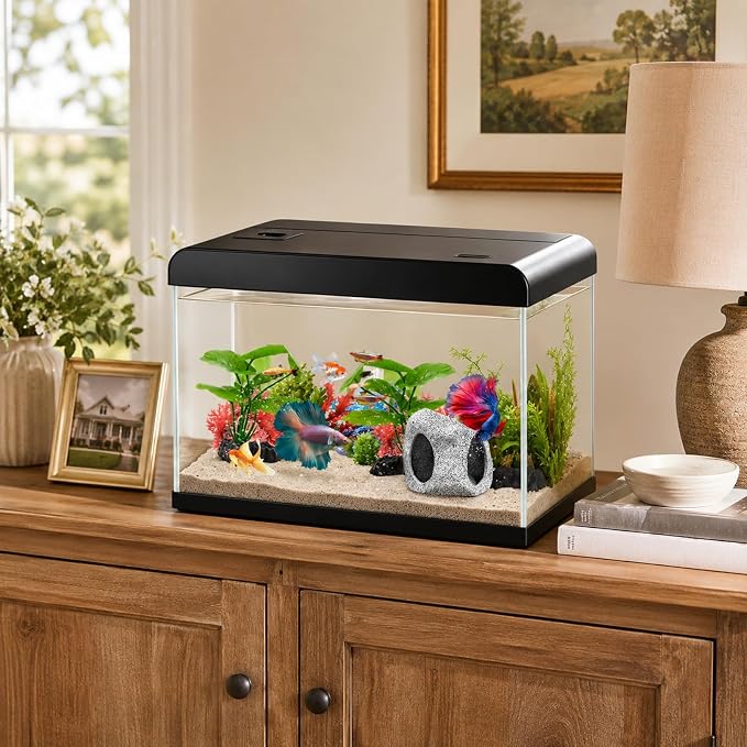 Fish Tank Decor, Aquarium Decor Set Betta Fish Tank Decorations with Artificial Green Plants & Hideaway Rock Cave for Betta Goldfish Turtle Reptile Decoration