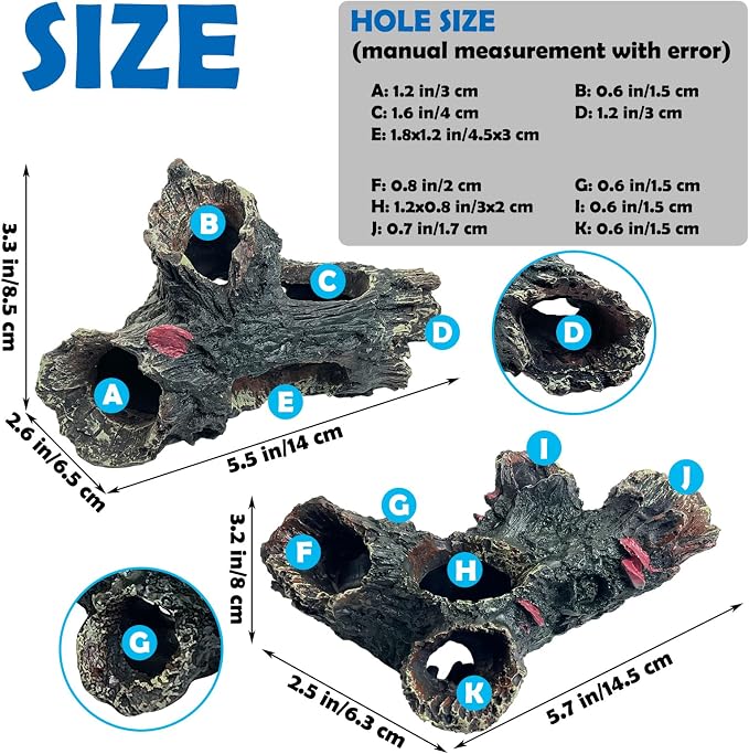 Tfwadmx 2 Pcs Decaying Trunk Aquarium, Betta Fish Ornament, Freshwater Ornament - Small Resin Aquarium Decoration Log, 20 Gallon Fish Tank Wood with Holes & Aquarium Hideout Caves