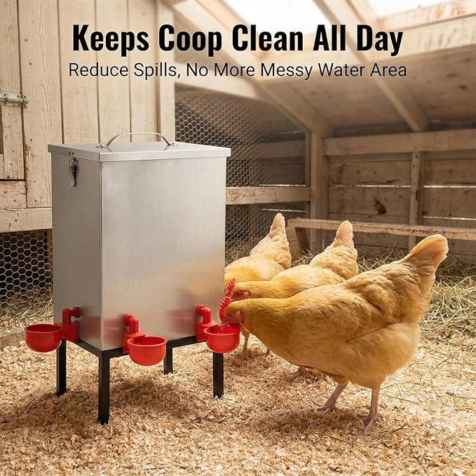 3 Gallon Chicken Waterer with Cups & Nipples, Stainless Steel Poultry Waterer for Backyard Coop, No-Spill, Easy to Clean, Ideal for Chickens, Ducks & Small Farms