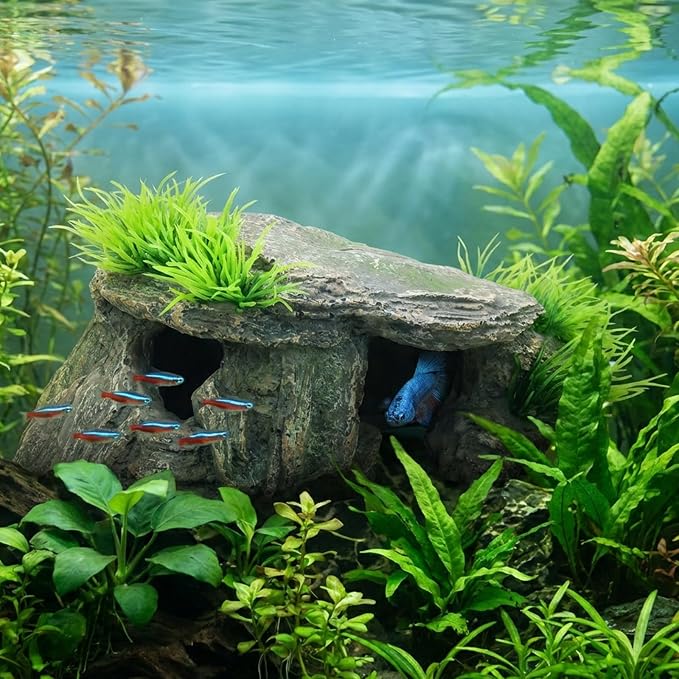 Aquarium Cave & Betta Hideout - Natural Resin Fish Tank Decorations, Small Fish Tank Decor, Hand-Polished Smooth Edges, PH Neutral Stone Decor for Shrimp, Cichlid, and Reptiles (Small)