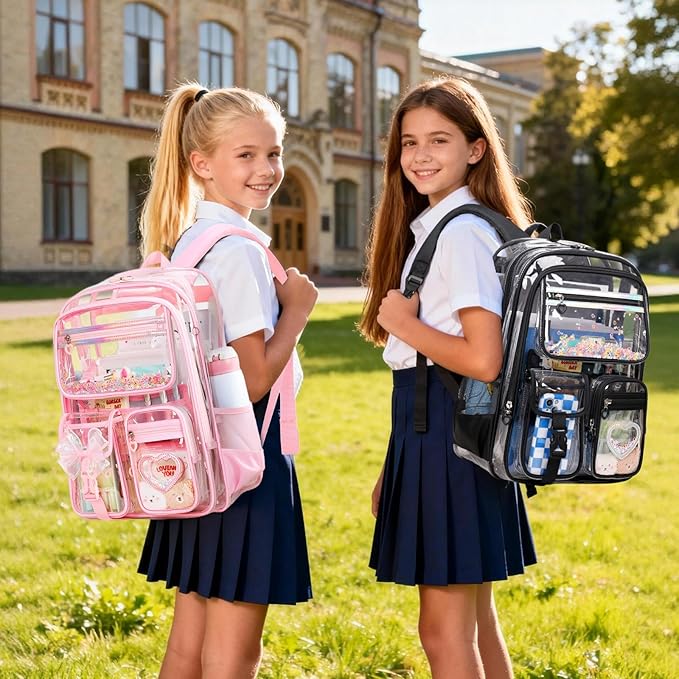 MOONBABY Clear Backpack for Girls, Clear Bookbag Heavy Duty Transparent Backpack for Stadium Events, See Through Back Pack for Kindergarten Elementary Middle High School, Black
