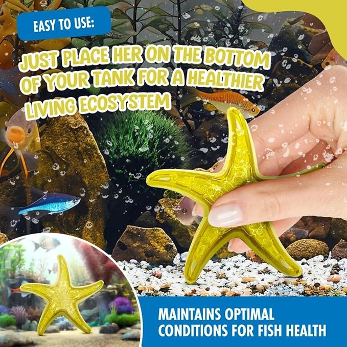 Sandy The Bio-Support Starfish - 3 Pack, Yellow- Promotes A Healthy Balanced Aquarium Ecosystem, Probiotic Growth, Tank Environment Control | Probiotic aquarium treatment for freshwater & saltwater tanks – up to 60 days, cannot be overdosed