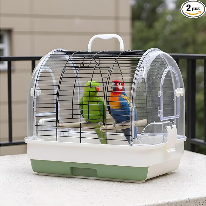 Portable Bird Cage with 2 Perches, Bird Travel Carrier with Food Bowls & Tray, Transparent Plastic Parrot Cages for Cockatiels Lovebirds Canaries Budgies