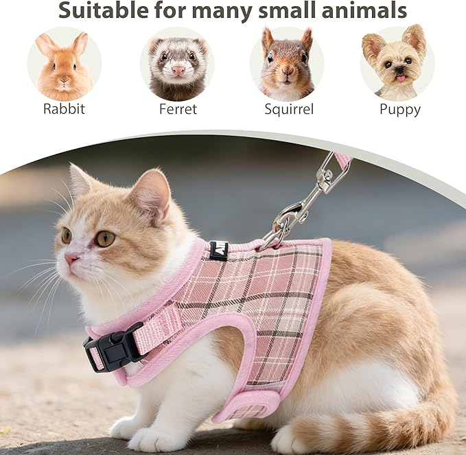 AIITLE Adjustable Bunny Harness & Leash Set - Soft Mesh Liner, Comfort Fit Plaid Pattern Vest with Magic Tape Design, Portable for Small Animal Pets Puppy Cat Rat Squirrel Ferret, Pink L
