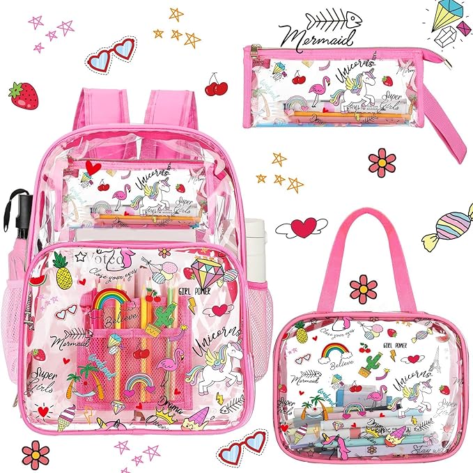 Kacctyen 3 Pcs Clear Backpack Heavy Duty Clear Stadium Bag Transparent Backpack with Lunch Bag(Hot Pink,Luau)