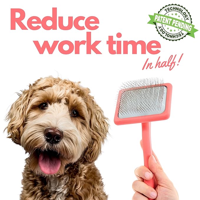 Flying Pawfect Dog Slicker Brush for Grooming Pet Hair - Best Slicker For Poodle & Golden Doodle - Long Haired Tool For Dogs - Goldendoodle Long Pin Brush For Dematting (Coral, Flat Large)