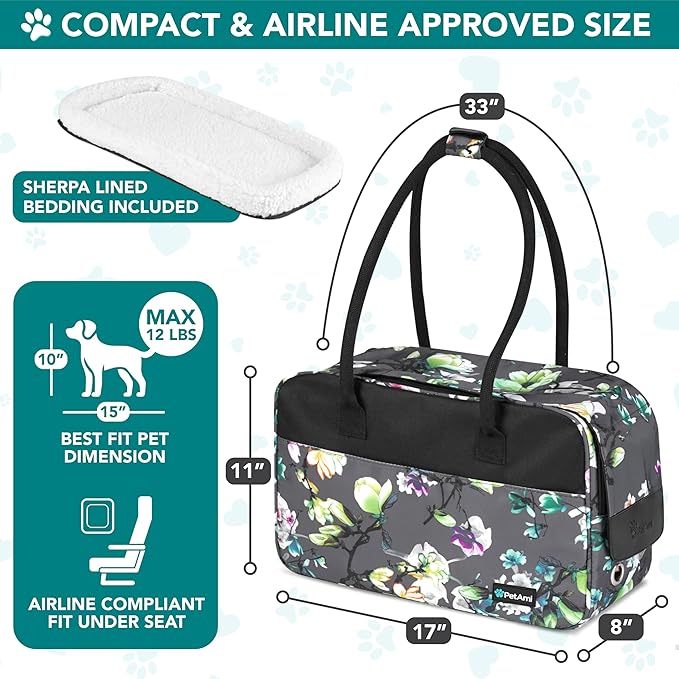 PetAmi Dog Purse Carrier for Small Dogs, Airline Approved Soft Sided Pet Carrier with Pockets, Ventilated Dog Carrying Bag for Puppy Cat, Dog Travel Supplies Bag, Sherpa Bed, Max 12 lbs, Floral Gray