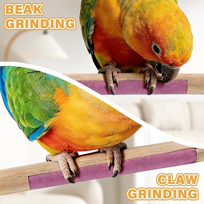 Wooden Bird Perch Stand with Grinding, 2Pcs Parrot Cage Stand Branch, No Hurt Foot Claw Grinding Bird Perch for Cockatiels, Parakeets, Lovebirds