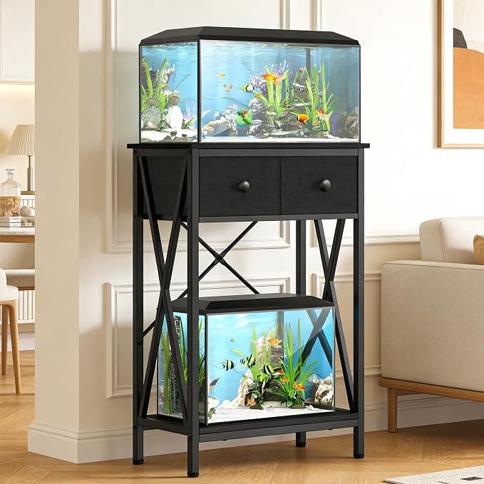 Fish Tank Stand with Drawer, 5-10 Gallon Aquarium Stand Easy Assemble | Stable Metal Frame, 2-Tier Breeder Reptile Turtle Terrarium Table Fits Office Home, 19.4"x11" MDF Tabletop, 220 lbs Capacity