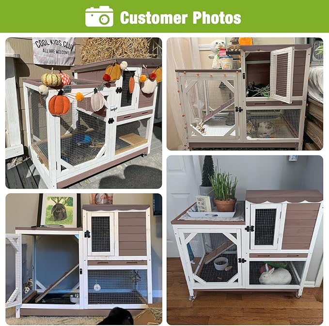 GUTINNEEN Rabbit Hutch Indoor Rabbit Cage with Wheels Outdoor Bunny House 2 Story Guinea Pig Cage with Leakproof Tarp Roof (Brown)